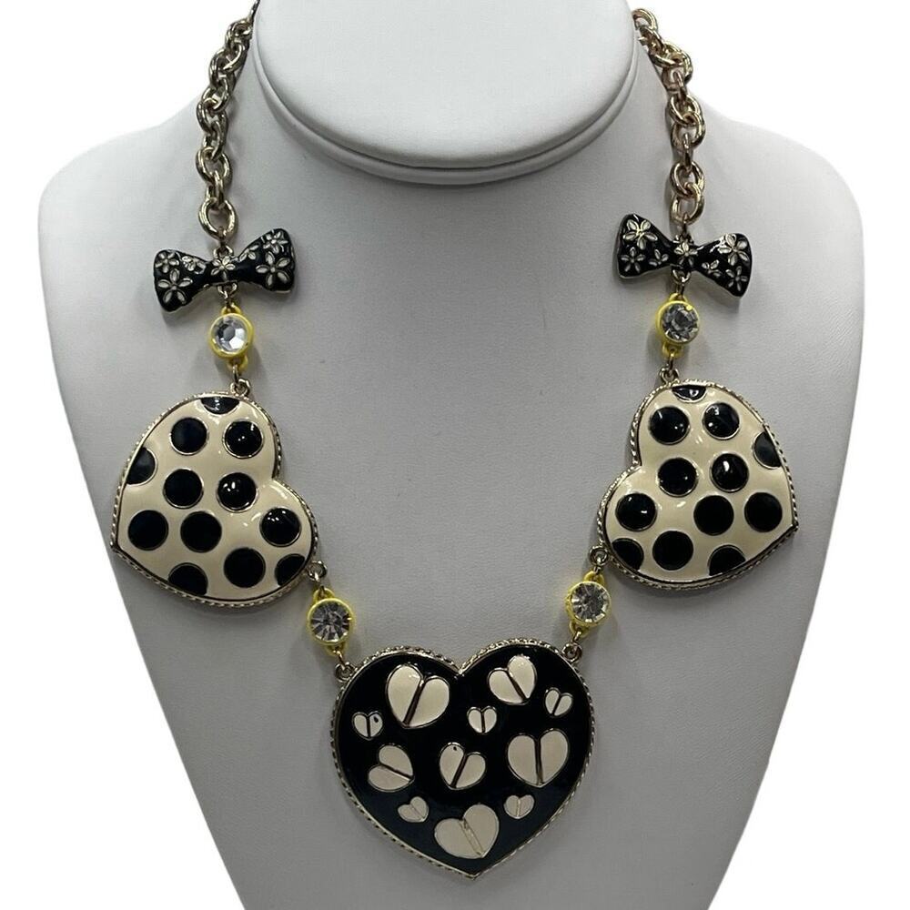 Betsey Johnson Enamel‎ Black Heart Polka Dots Bows Gold Tone Chain Necklace